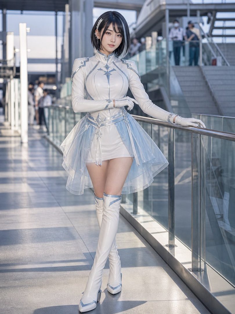 A young woman in a white and blue futuristic outfit with thigh-high boots poses indoors.