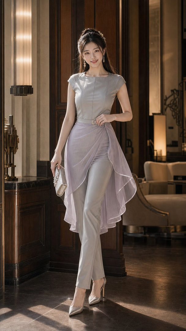 A photorealistic AI-generated portrait of an elegant East Asian woman in a stylish grey jumpsuit with a sheer lavender overlay, holding a clutch bag, posing indoors.