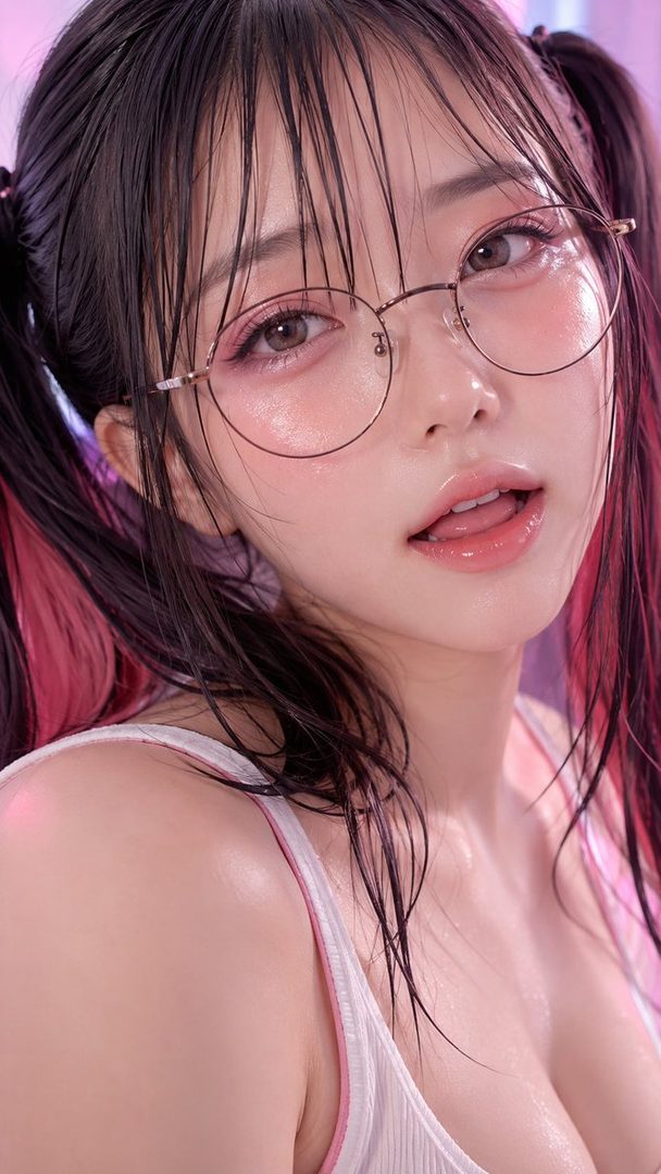 Close-up portrait of a young woman with wet black pigtails, round glasses, and glossy skin wearing a white tank top under pink neon lighting.