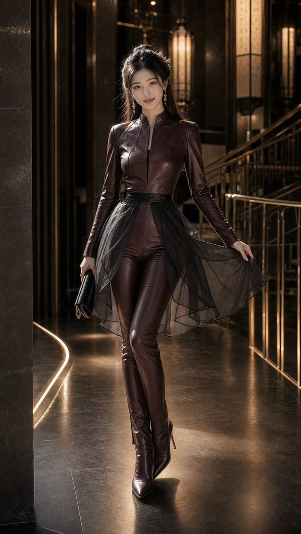 A photorealistic AI-generated portrait of an East Asian woman in a stylish brown leather outfit with a black tulle skirt, posing indoors.