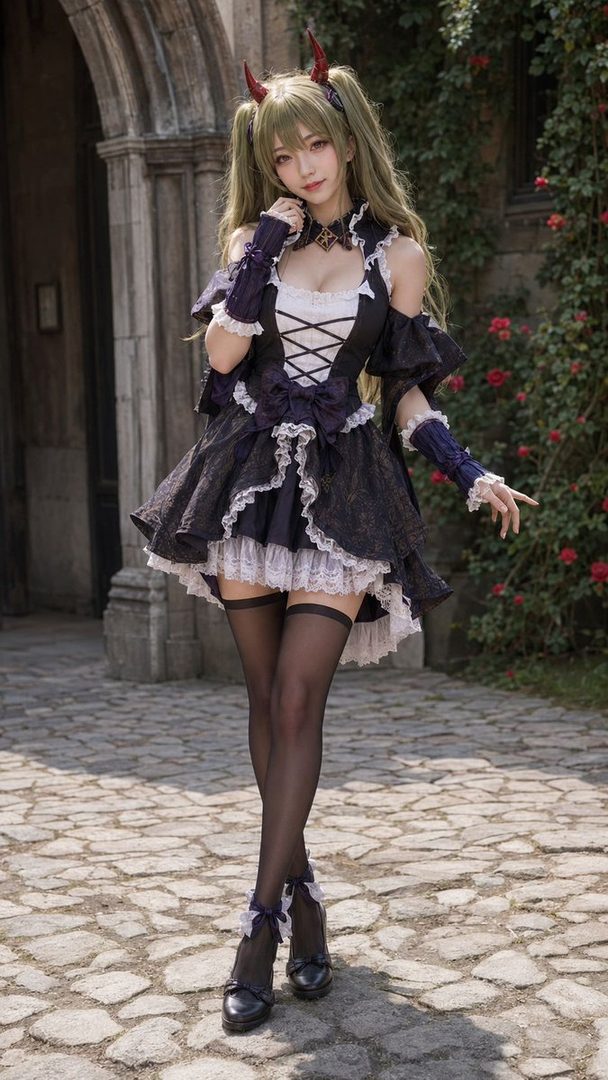 AI-generated portrait of a young woman in a gothic lolita-inspired outfit with blonde twin-tails and devil horns, posing outdoors.
