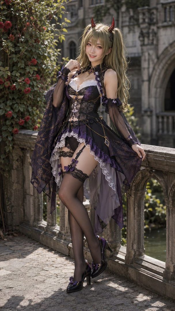 A young woman with blonde twin tails and red devil horns, wearing a gothic lolita-inspired outfit with lace and garters, poses outdoors.