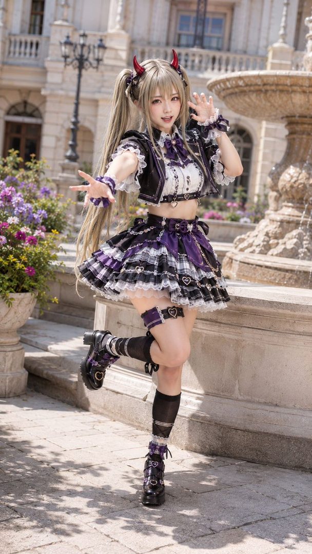 A young woman with blonde twintails and devil horns, wearing a gothic lolita-inspired outfit, poses outdoors near a fountain.