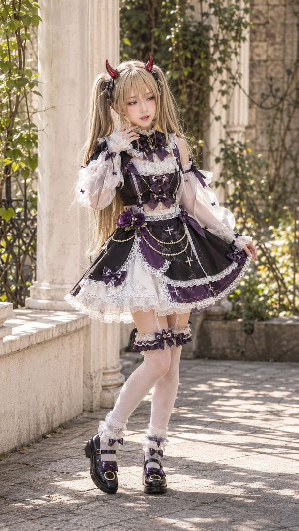 A young woman with blonde twintails and devil horns, wearing a gothic lolita-style dress, poses outdoors.
