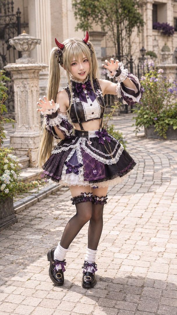 A young woman with blonde twintails and red devil horns, wearing a gothic lolita-inspired outfit, poses outdoors.