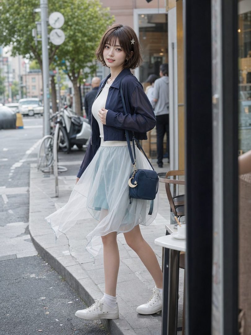 A young East Asian woman with short brown hair and bangs, wearing a navy jacket over a white top and a light blue layered skirt, walks on a city street.