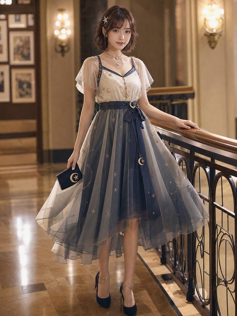 A young East Asian woman in a starry, ethereal dress stands indoors, posing elegantly.