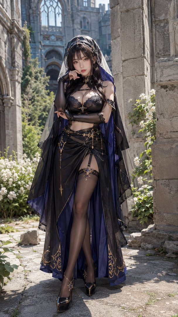 A photorealistic AI-generated portrait of an East Asian woman in a dark, ornate gothic-inspired dress, standing outdoors near ancient stone architecture.