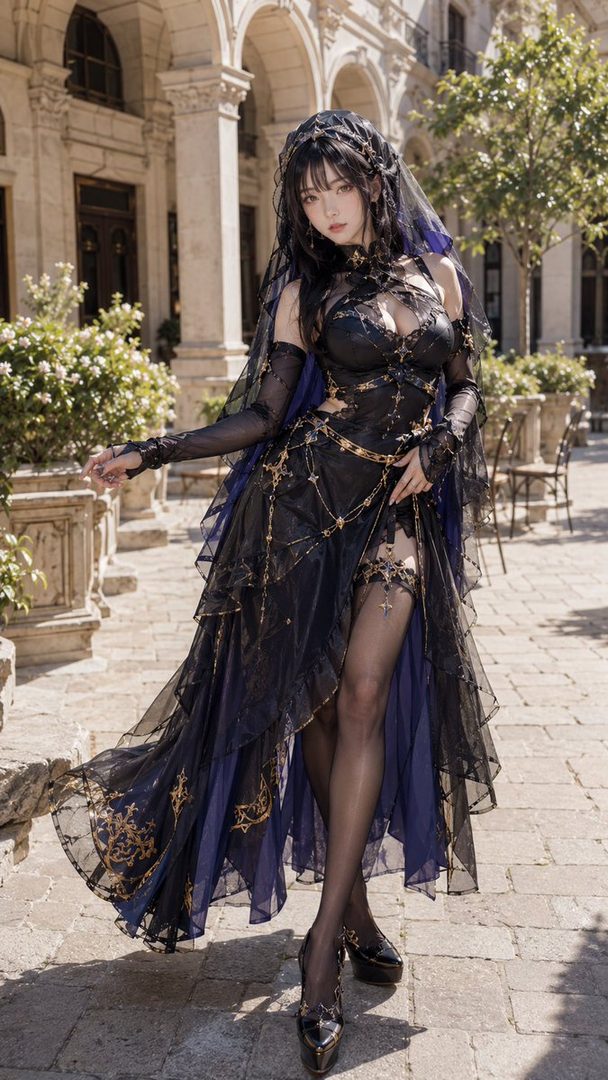 A woman with long black hair and bangs, wearing a black gothic-inspired dress with gold accents and a veil, posing outdoors in front of a building.