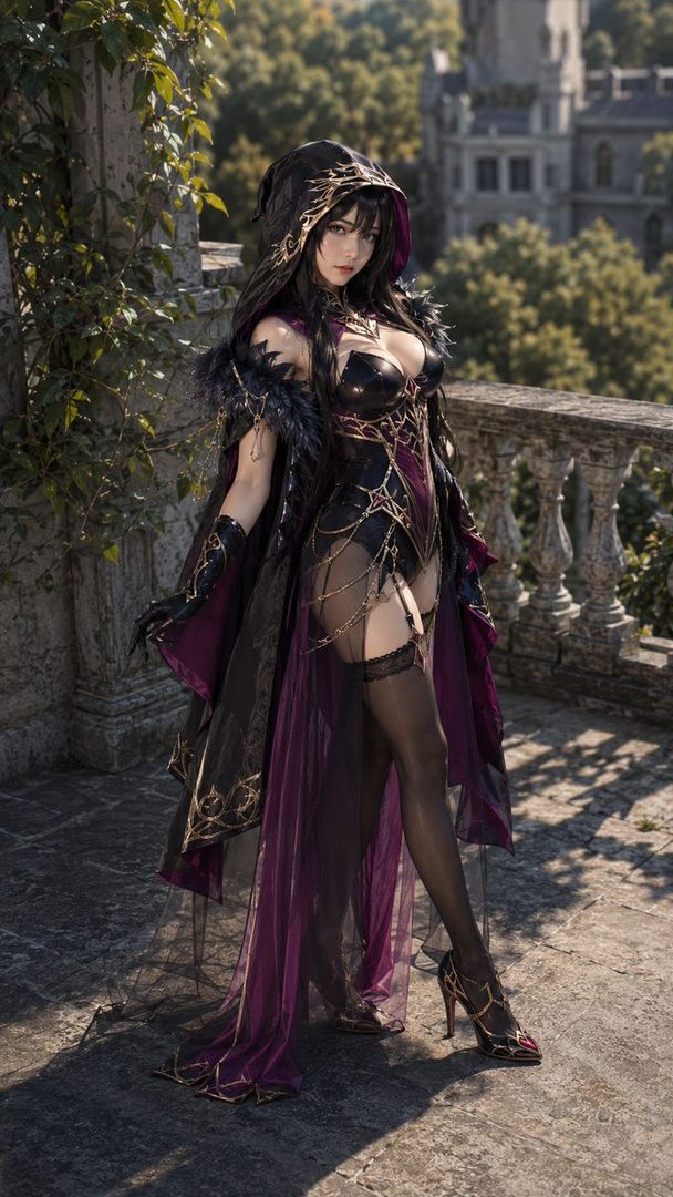 A woman in a dark, ornate outfit with a hood and flowing purple fabric stands on a balcony with a castle in the background.