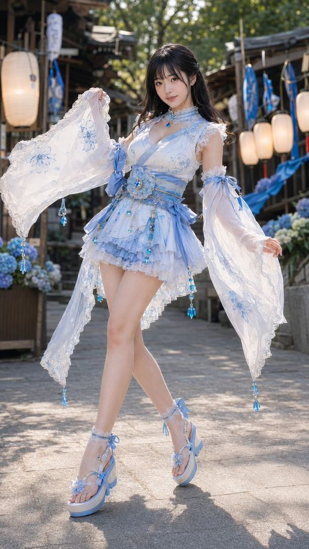 A young woman in a blue and white frilly dress with flowing sleeves poses outdoors.