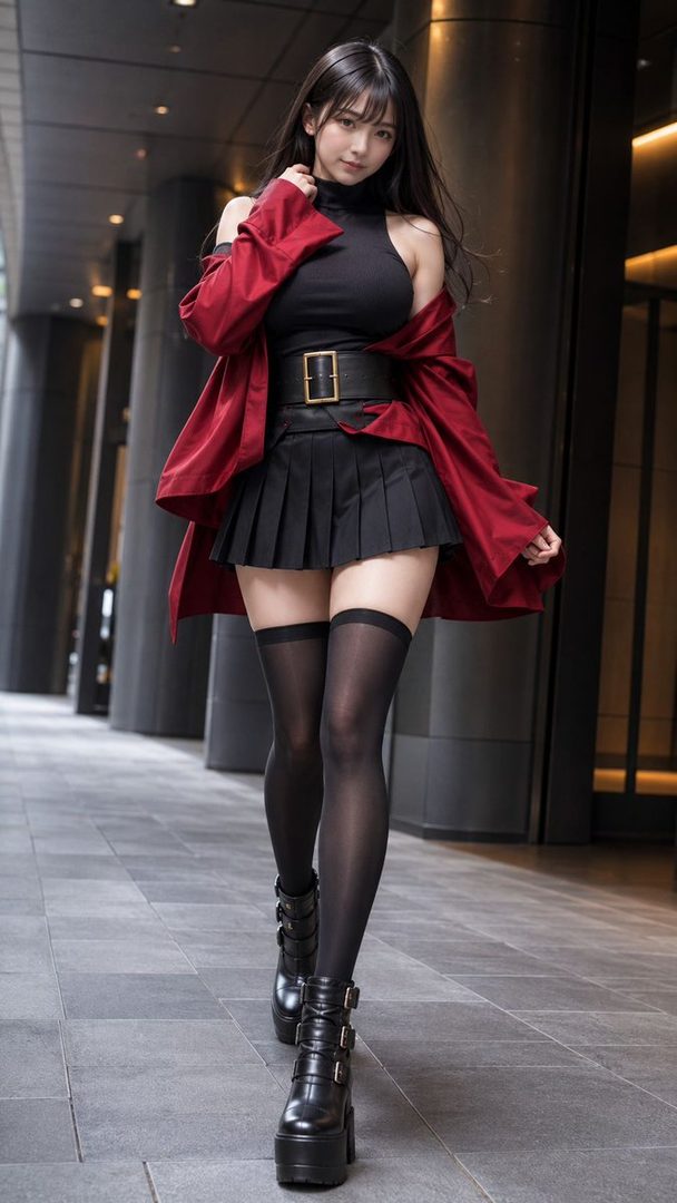 A young woman with long black hair, wearing a black sleeveless top, a black pleated skirt, thigh-high stockings, and platform boots, with a red jacket draped over her shoulders, walking outdoors.