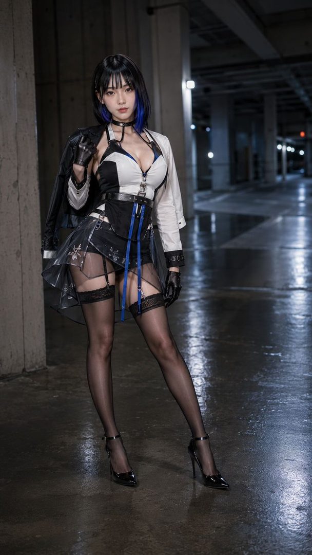 A young woman with short black hair with blue highlights, wearing a black and white outfit with a short skirt and stockings, posing in a dimly lit indoor space.