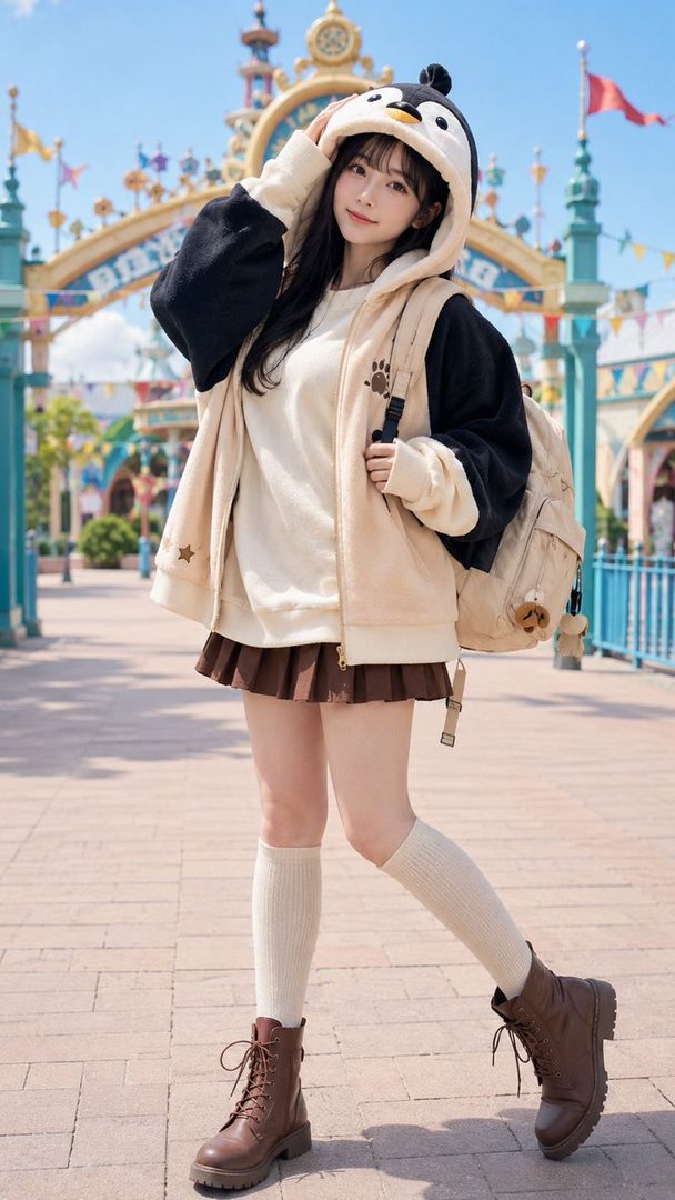 A young woman with long black hair and bangs, wearing a cute penguin-themed hoodie and a brown pleated skirt, poses outdoors in front of a colorful amusement park entrance.