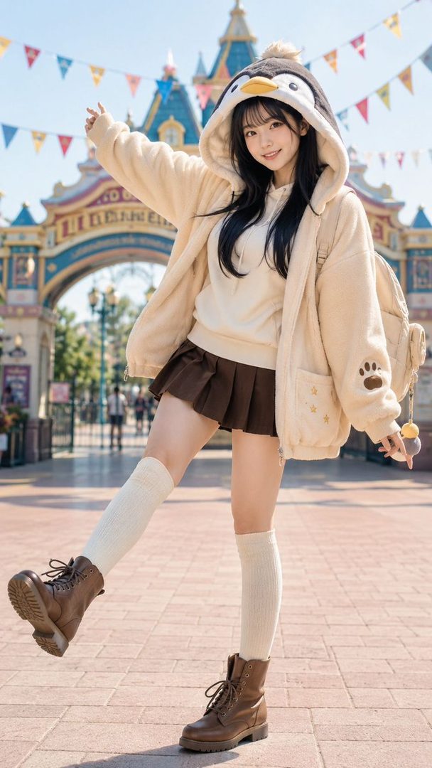 A young woman with long black hair, wearing a fluffy penguin hoodie, a brown pleated skirt, and white knee-high socks, poses playfully in front of a theme park entrance.