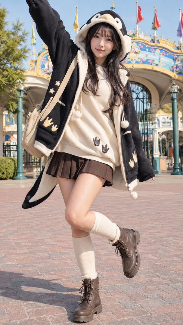 A young woman in a cute penguin-themed outfit poses outdoors in front of a theme park.