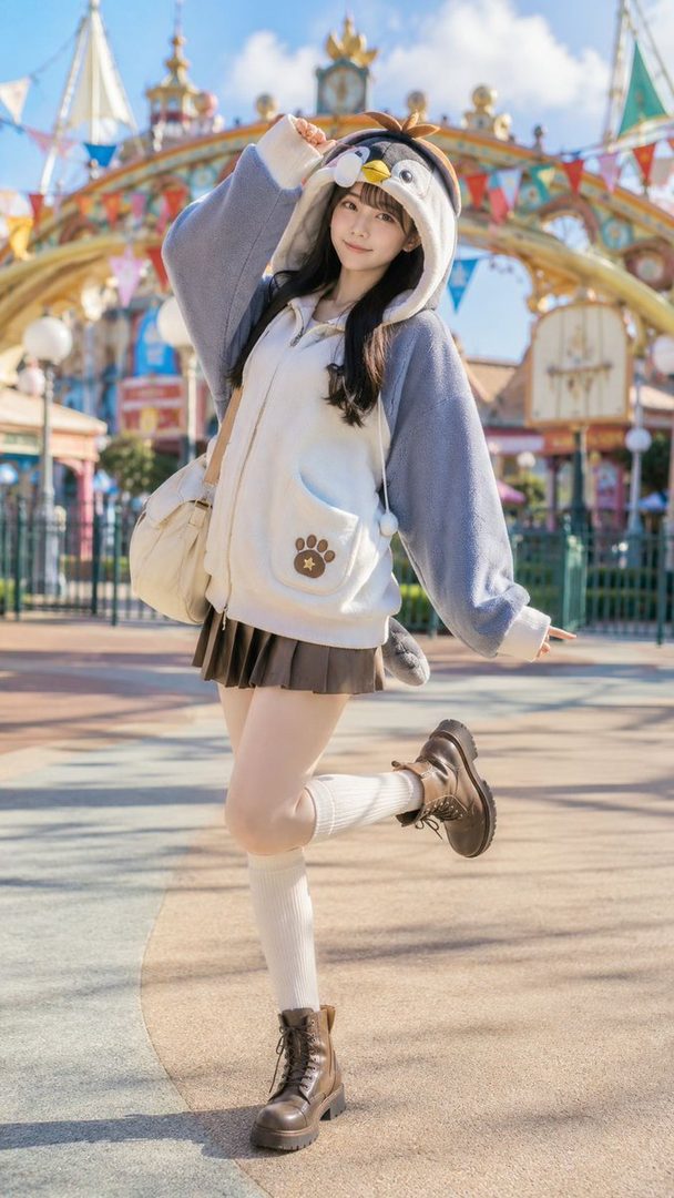 A young East Asian woman in a cute penguin-themed hoodie and pleated skirt poses outdoors in front of a colorful amusement park archway.
