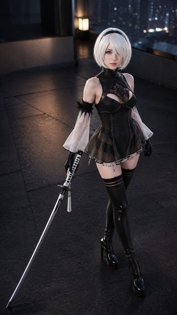 A woman in a black and white outfit, resembling the character 2B from NieR: Automata, poses with a sword on a rooftop at night.