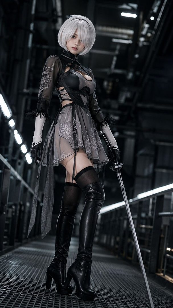 A woman in a black and grey outfit, resembling the character 2B from NieR: Automata, poses with a sword in an industrial indoor setting.