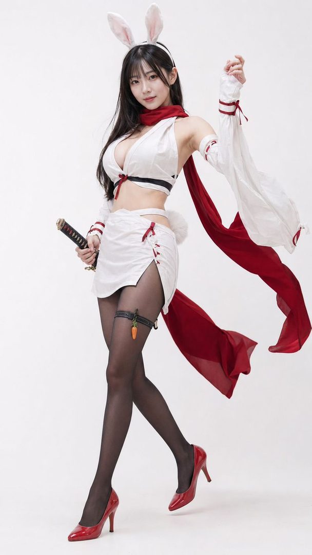 A woman in a white and red bunny-girl costume, holding a katana, poses in a studio setting.