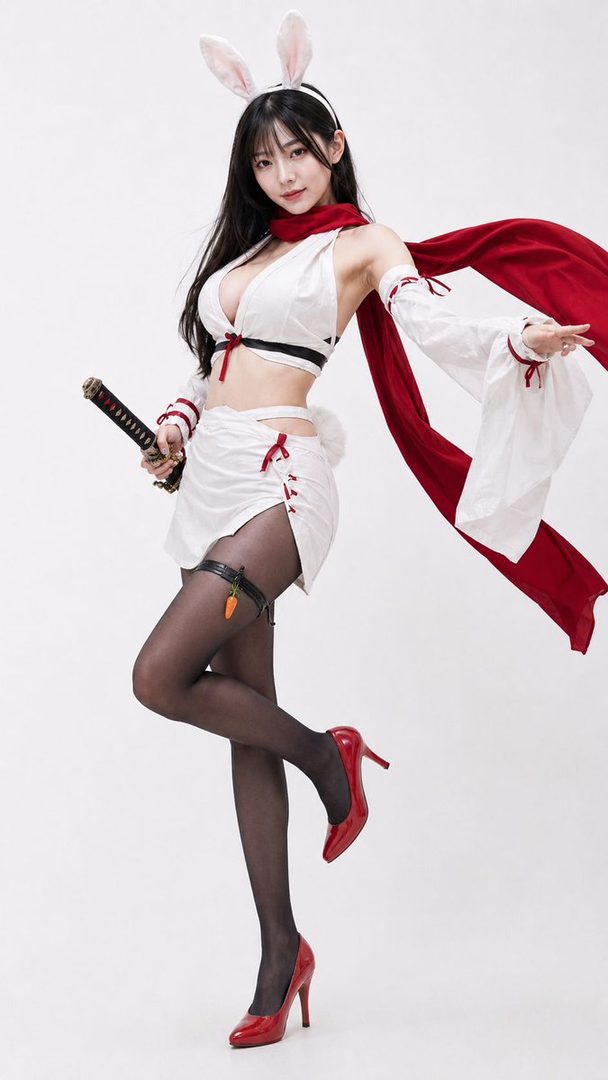 A woman in a white bunny-girl outfit with a red scarf and a katana, posing in a studio.
