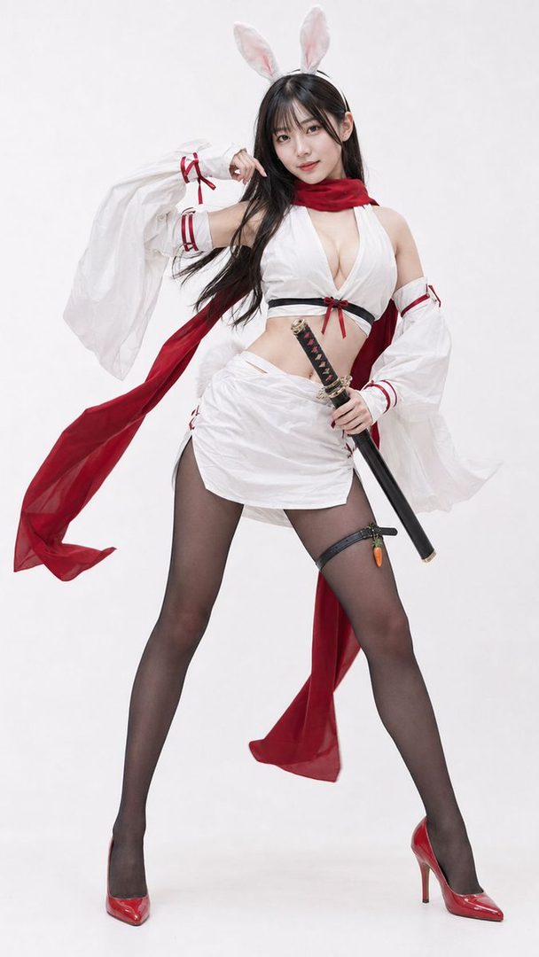 A woman in a white and red bunny-girl inspired outfit, holding a katana, posing in a studio.