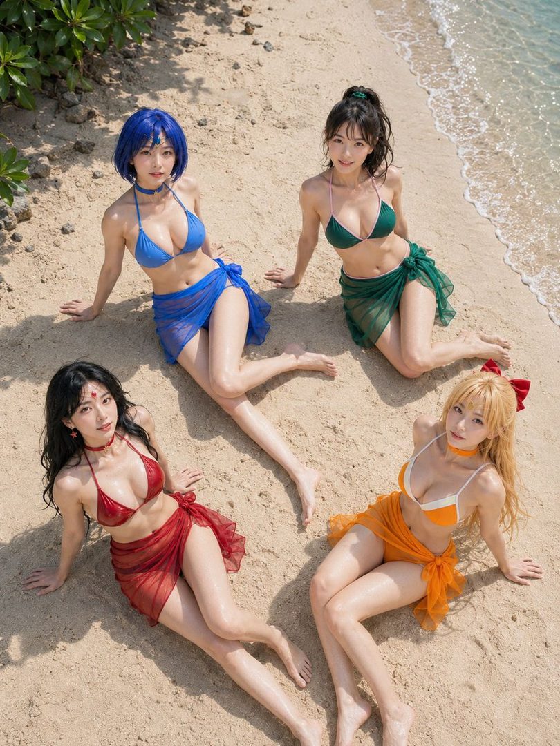 Four women in bikinis and sarongs posing on a sandy beach, with lush green foliage and the ocean in the background.