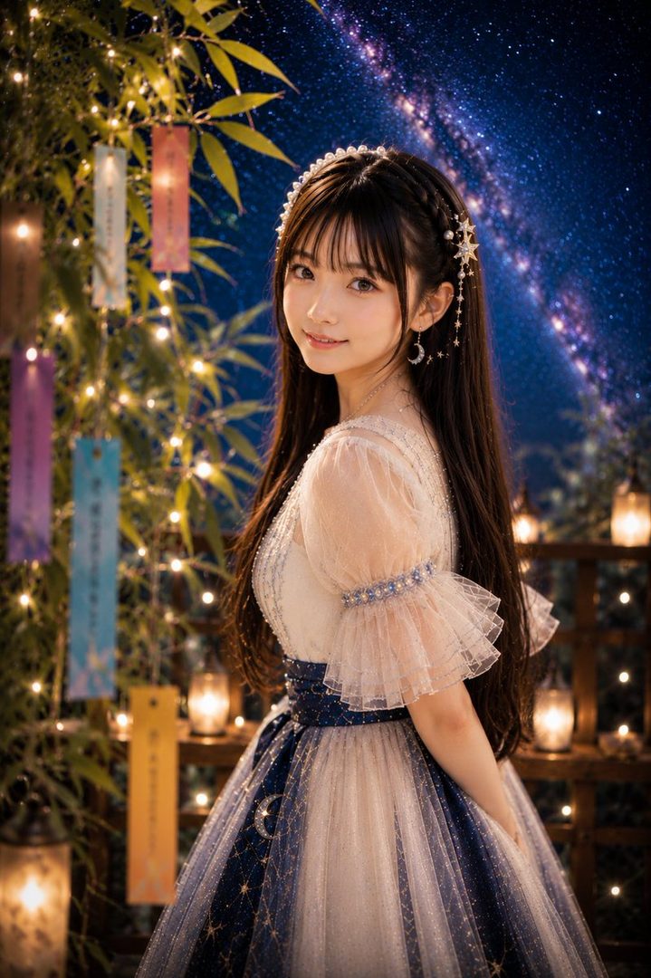 A young woman with long dark hair and bangs, wearing a white and blue starry dress, poses outdoors at night with a starry sky background and bamboo decorated with colorful tanzaku.