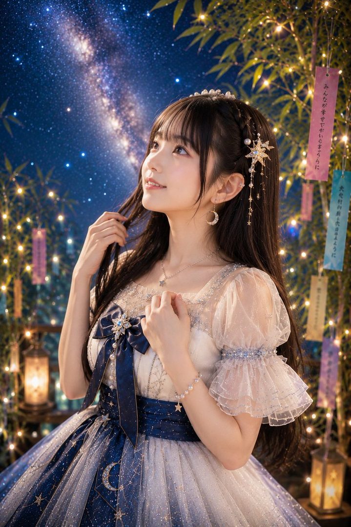A young East Asian woman with long dark hair, wearing a starry blue and white dress, looks up dreamily against a night sky background with the Milky Way visible.