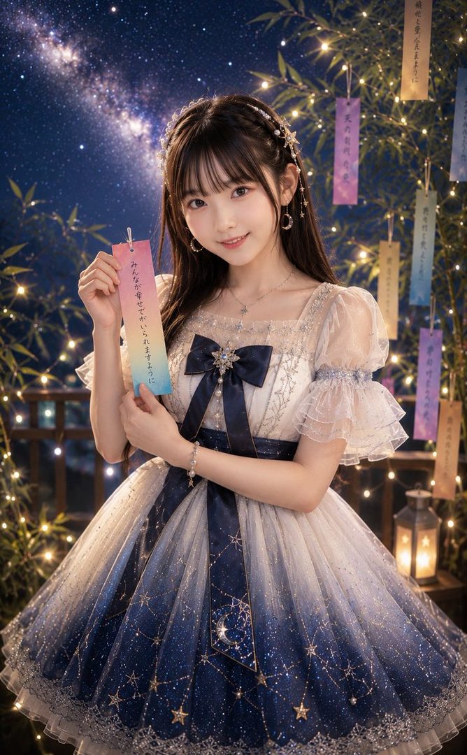 A young East Asian woman in a starry blue and white dress holds a colorful Japanese tanzaku paper with Japanese text, standing outdoors at night with a starry sky and bokeh lights.