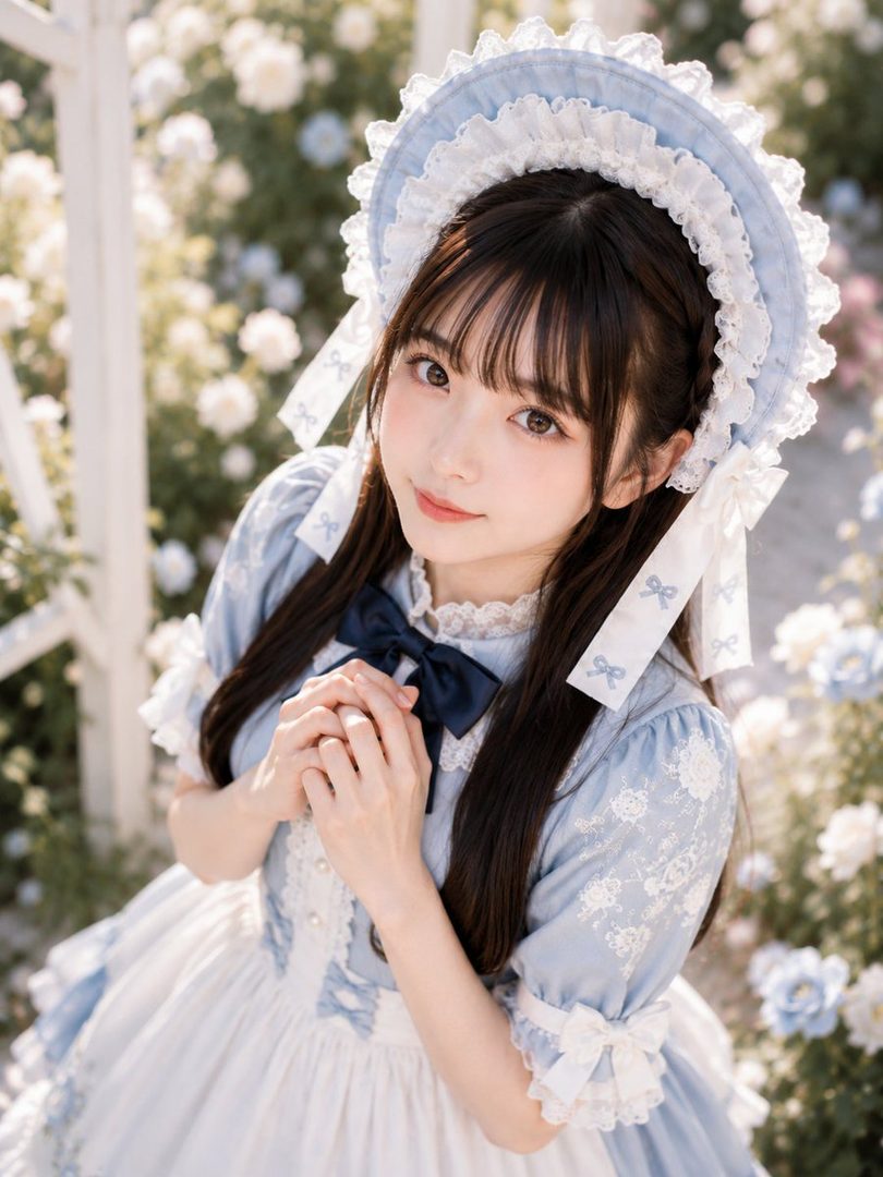 A young East Asian woman with long black hair and bangs, wearing a blue and white lolita dress and bonnet, poses in a garden with roses.