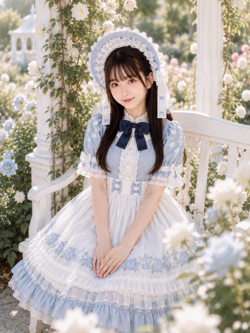 A young woman in a blue and white Lolita dress and bonnet sits in a garden filled with roses.