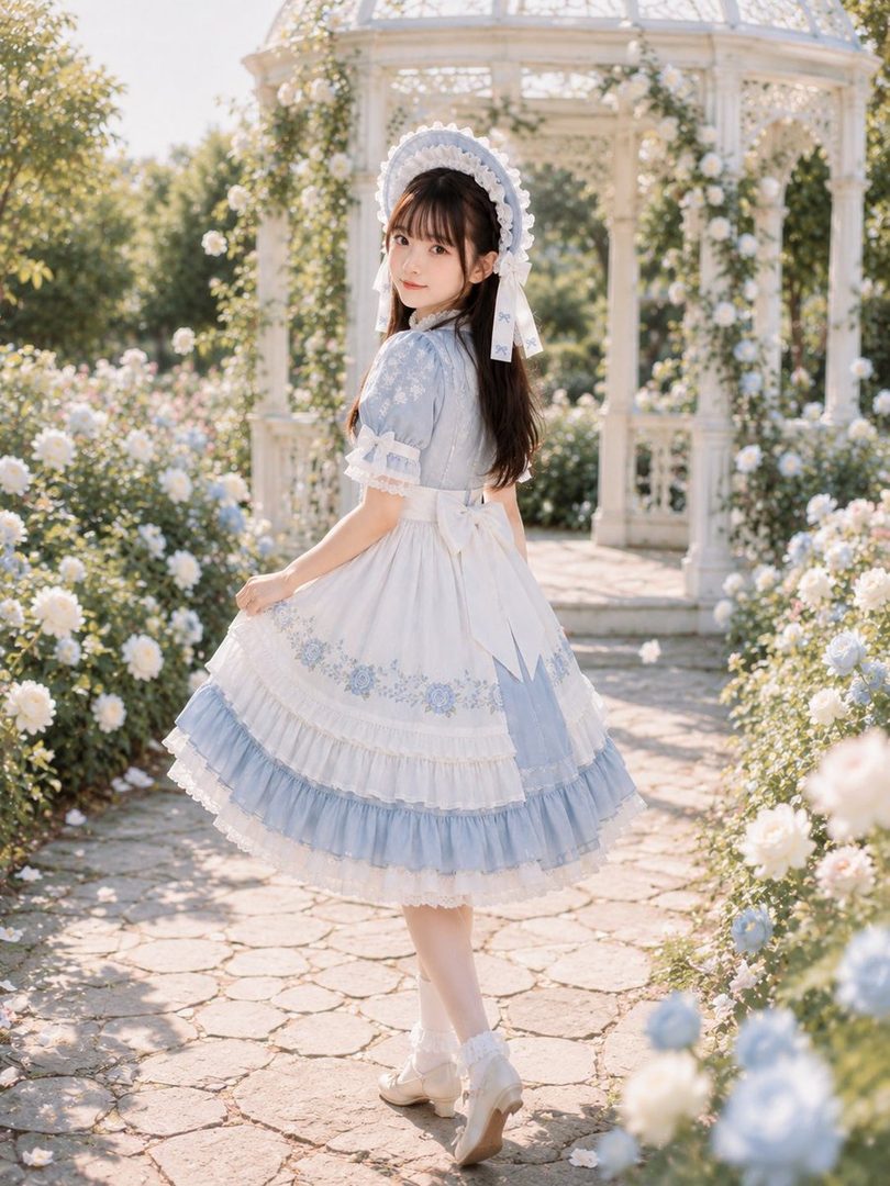 A young woman in a light blue and white Lolita dress and bonnet poses in a garden with white and blue flowers.