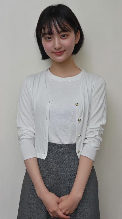 A young East Asian woman with short black hair and bangs, wearing a white t-shirt and a white cardigan, with a grey skirt, posing indoors.