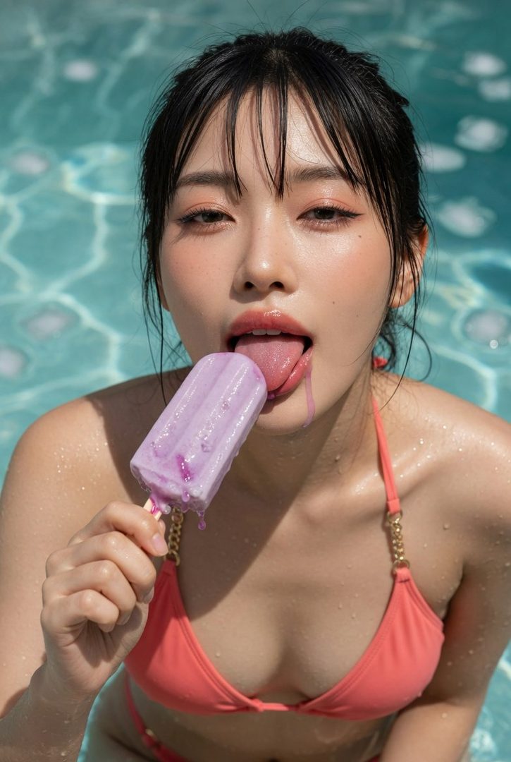 A young woman in a bikini licks a melting popsicle in a swimming pool.