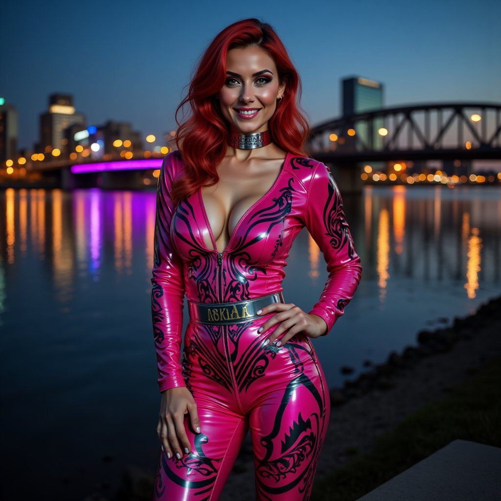 A woman with long red hair smiles confidently, wearing a shiny pink jumpsuit with black tribal patterns, standing by a river at night with city lights in the background.