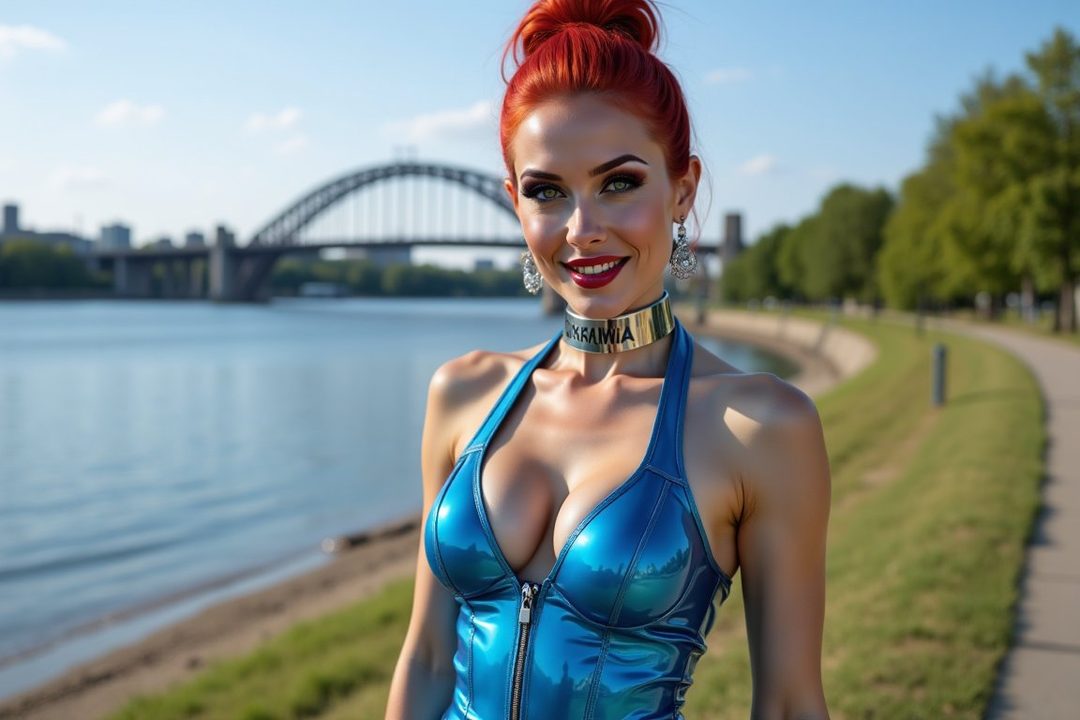 A smiling woman with bright red hair in a bun, wearing a shiny blue halter top and a silver choker, stands by a river with a bridge in the background.