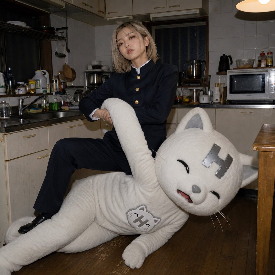 A blonde woman in a Japanese school uniform sits on a large white cat mascot costume in a messy kitchen.