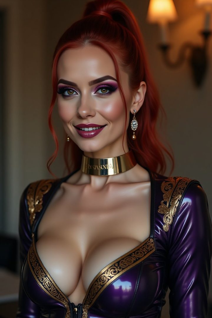 A glamorous woman with red hair in a high ponytail, wearing a purple and gold outfit, with dramatic makeup and jewelry, posing indoors.