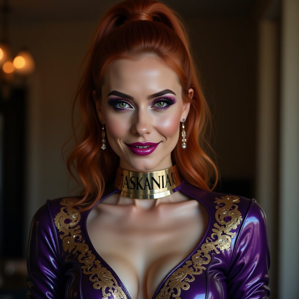 A glamorous woman with long red hair in a high ponytail, wearing a purple dress with gold trim and a golden choker, poses for a portrait with dramatic eye makeup and a seductive smile.