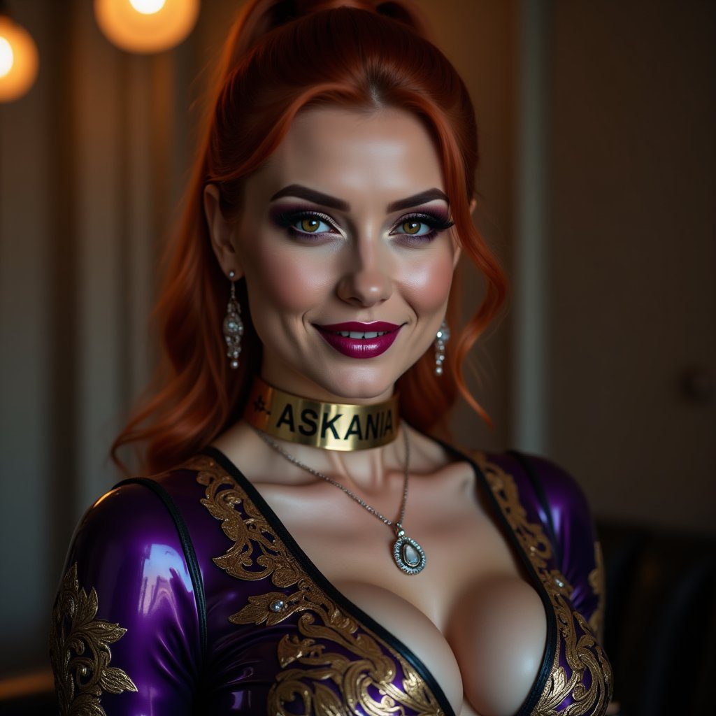 A beautiful woman with long red hair, striking makeup, and a revealing purple and gold outfit, wearing a choker necklace, smiles seductively.