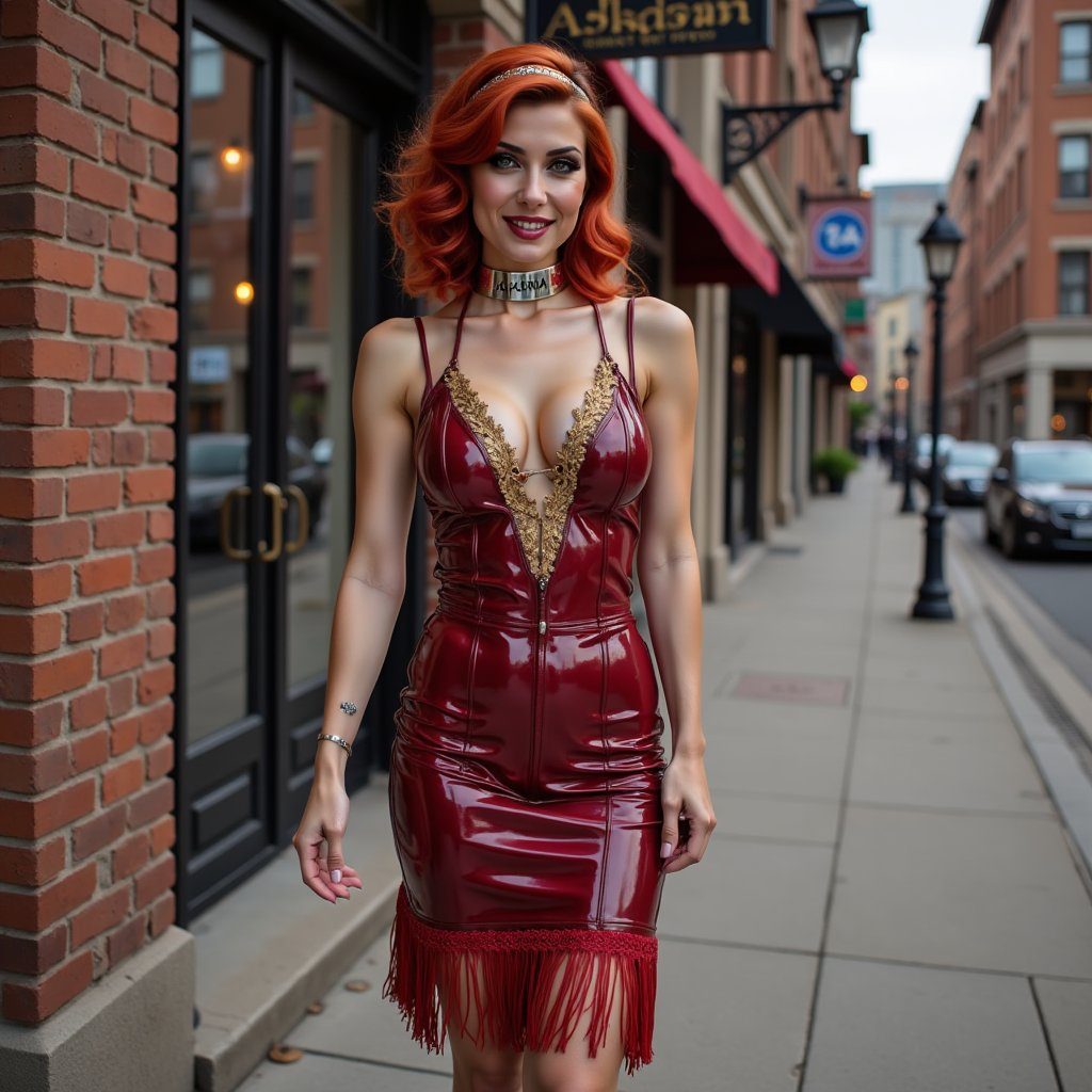 A woman with vibrant red hair and striking makeup walks down a city street, wearing a form-fitting, shiny burgundy dress with gold trim and fringe.
