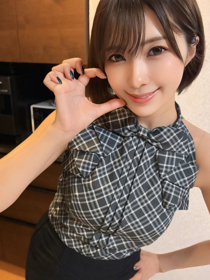 A young East Asian woman with short brown hair and bangs, wearing a plaid halter top and black skirt, poses for a selfie indoors, making a heart shape with her fingers.
