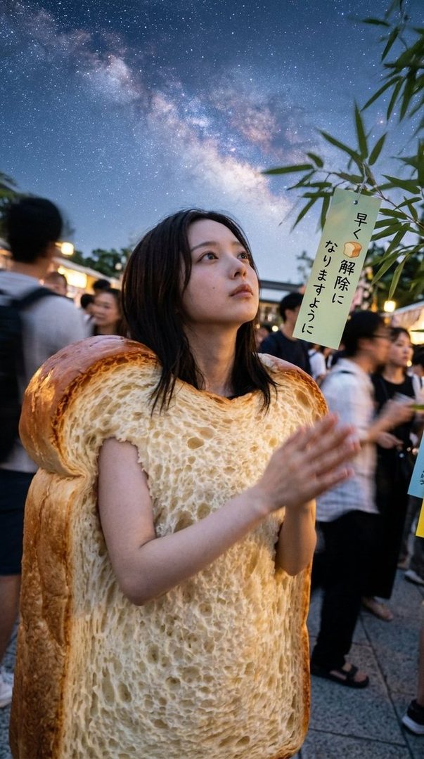 A young woman wearing a giant slice of bread costume looks up at the starry night sky.