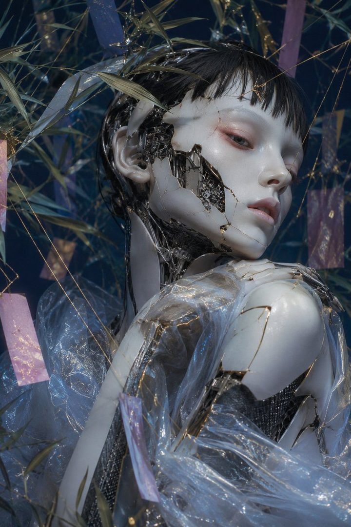An AI-generated portrait of a cyborg woman with cracked porcelain skin and exposed mechanical parts, adorned with bamboo leaves and colorful streamers.