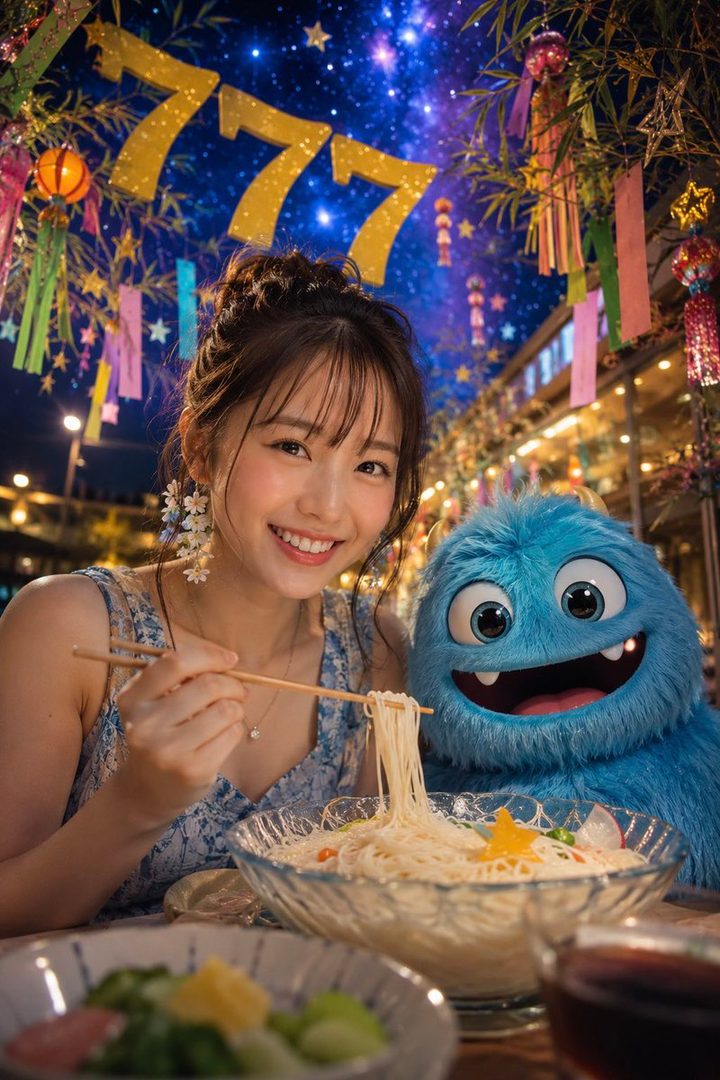 A smiling young woman with her hair up, eating noodles with chopsticks, next to a fluffy blue monster character, under a starry sky with festive decorations.