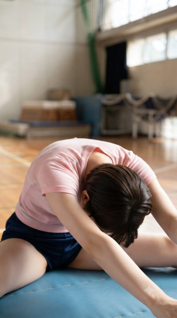 A young woman in a pink t-shirt and navy shorts stretches on a blue mat in a gymnasium.