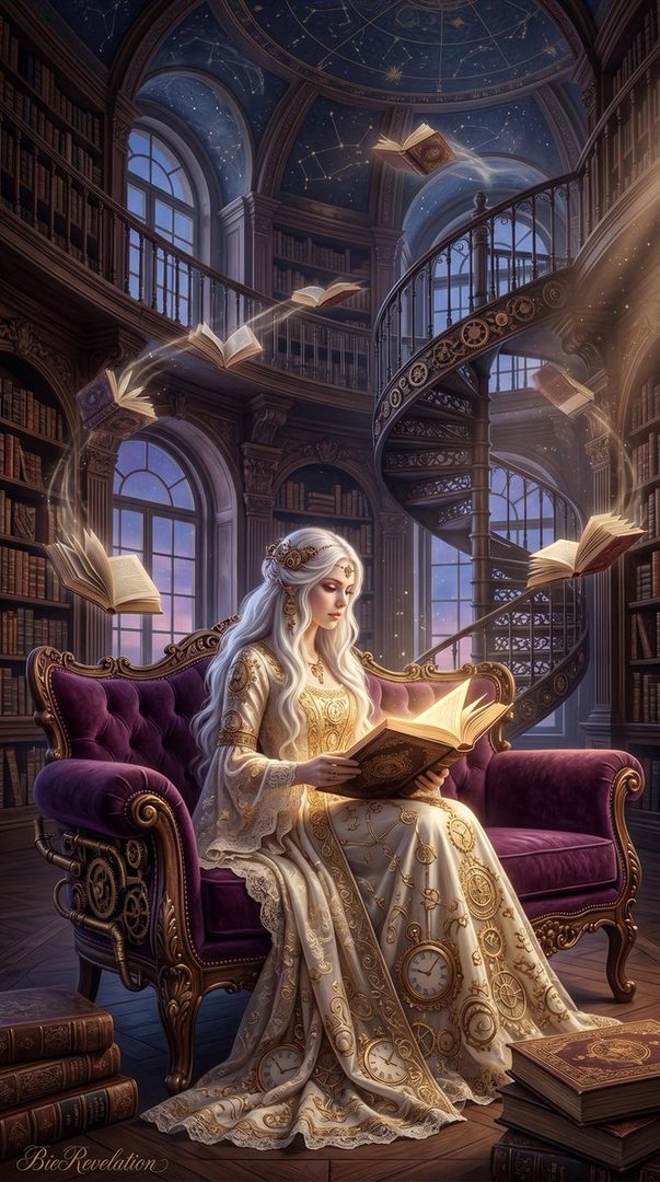 A beautiful woman with long white hair sits on a purple velvet couch in a grand library, reading a glowing book. Books float around her in a surreal, magical scene.