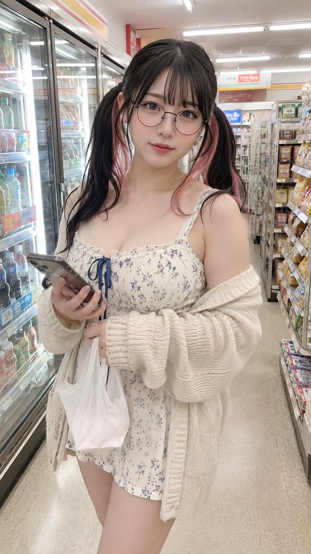 A young woman with black hair and pink streaks in pigtails, wearing glasses, a floral camisole, and a cardigan, stands in a convenience store aisle holding a phone and a plastic bag.