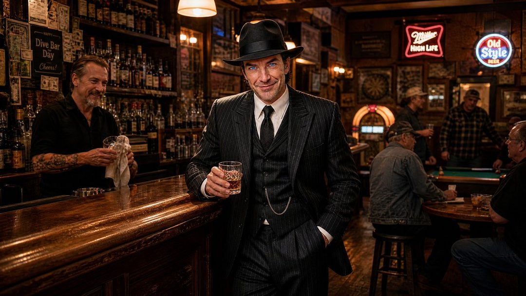 A man in a pinstripe suit and fedora holds a glass of whiskey at a bar, with a bartender and other patrons in the background.